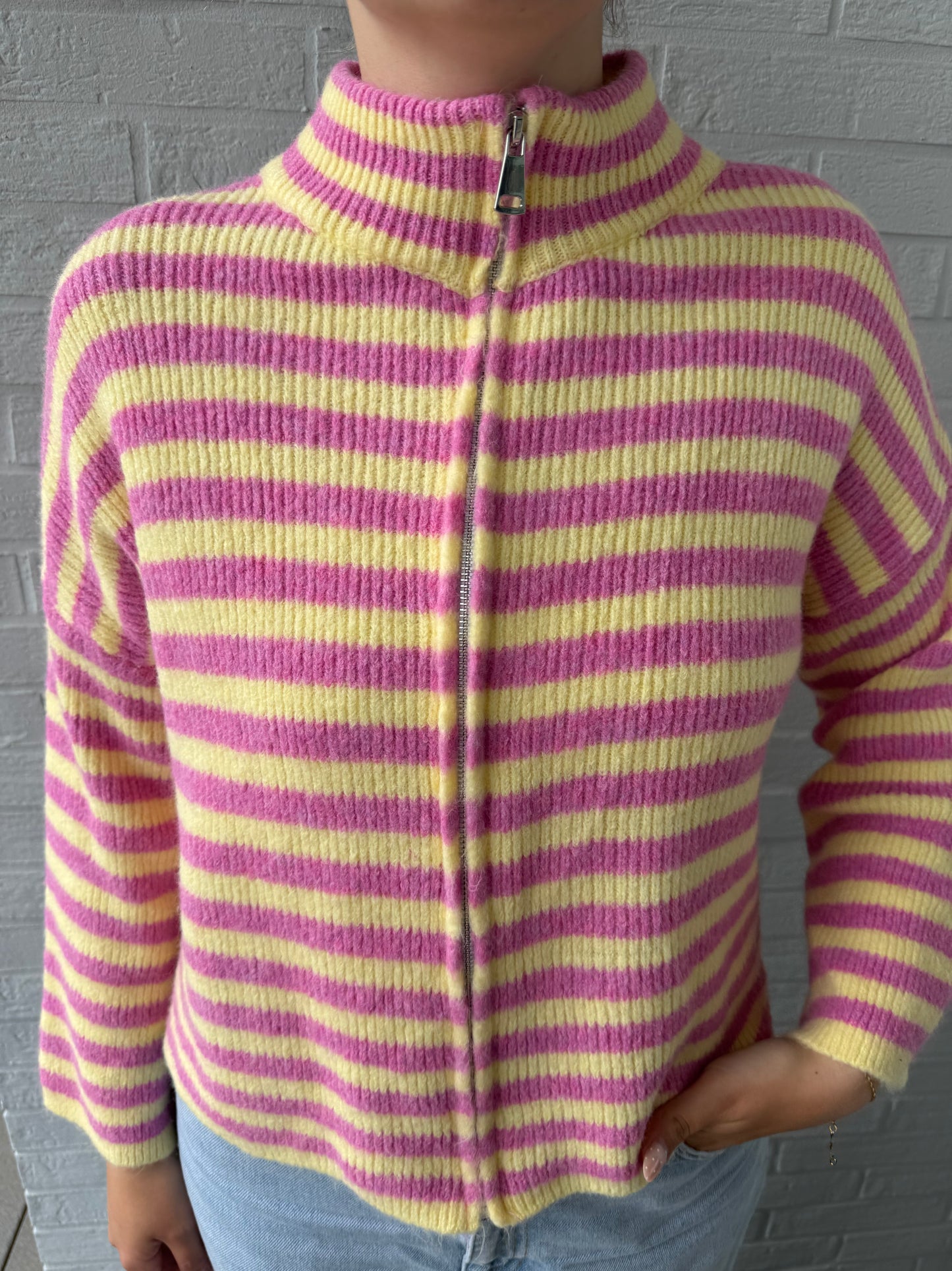 Streifen Strickjacke rosa/gelb